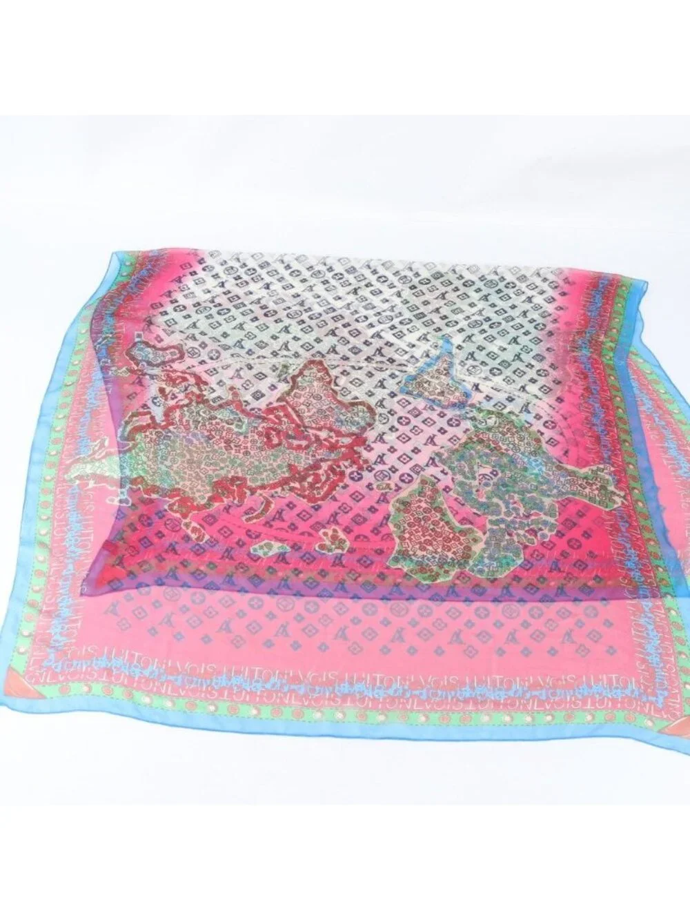 Louis Vuitton Tagged Carre Map Large Chiffon Shawl Scarf Monogram